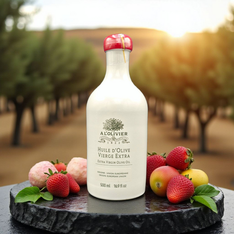 Bottle of A'LOLIVIER olive oil with strawberries on a stone surface, blurred trees in the background