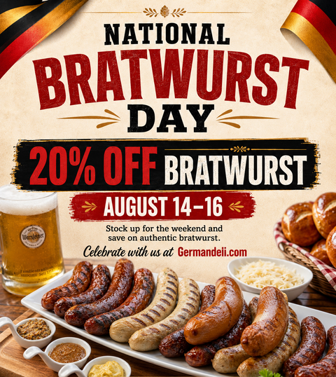 Promotional poster for National Bratwurst Day with large red and black text, a beer mug, and a platter of grilled bratwurst sausages on a table with buns, cheese, and condiments. The German flag ribbons frame the top corners, and the brand name Germandeli is visible.