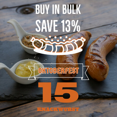 Promotional graphic for Oktoberfest with sausages, mustard, and ketchup on a wooden background.