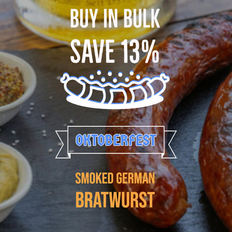 Promotional image of smoked German bratwurst with Oktoberfest text and sale offer.