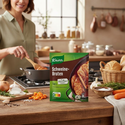 Knorr Schweine-Braen packaging on a kitchen counter with a woman cooking in the background