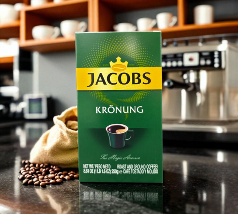 Jacobs Kronung coffee package on a kitchen counter with coffee beans and a coffee machine in the background.